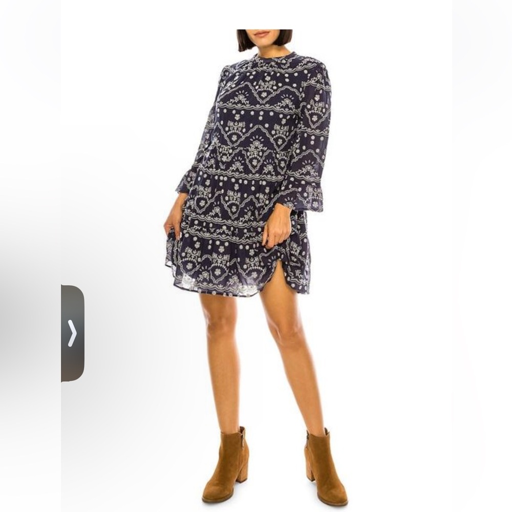 Navy Printed Ruffle Hem Mini Dress - Picture 2 of 13